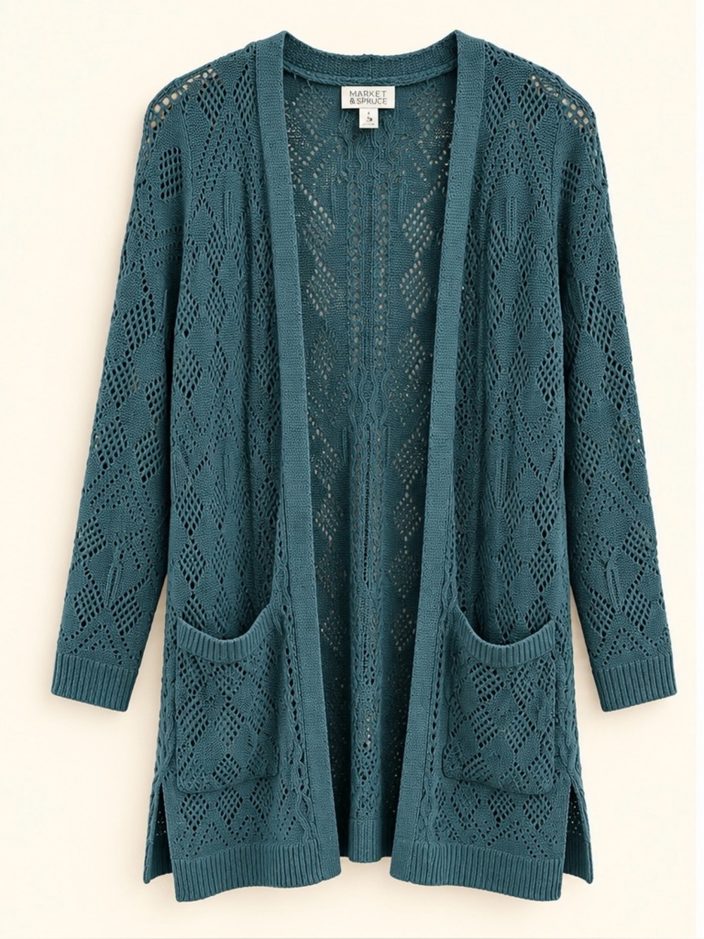Market & Spruce Pointelle Cardigan S Teal Open Knit Longline Pockets